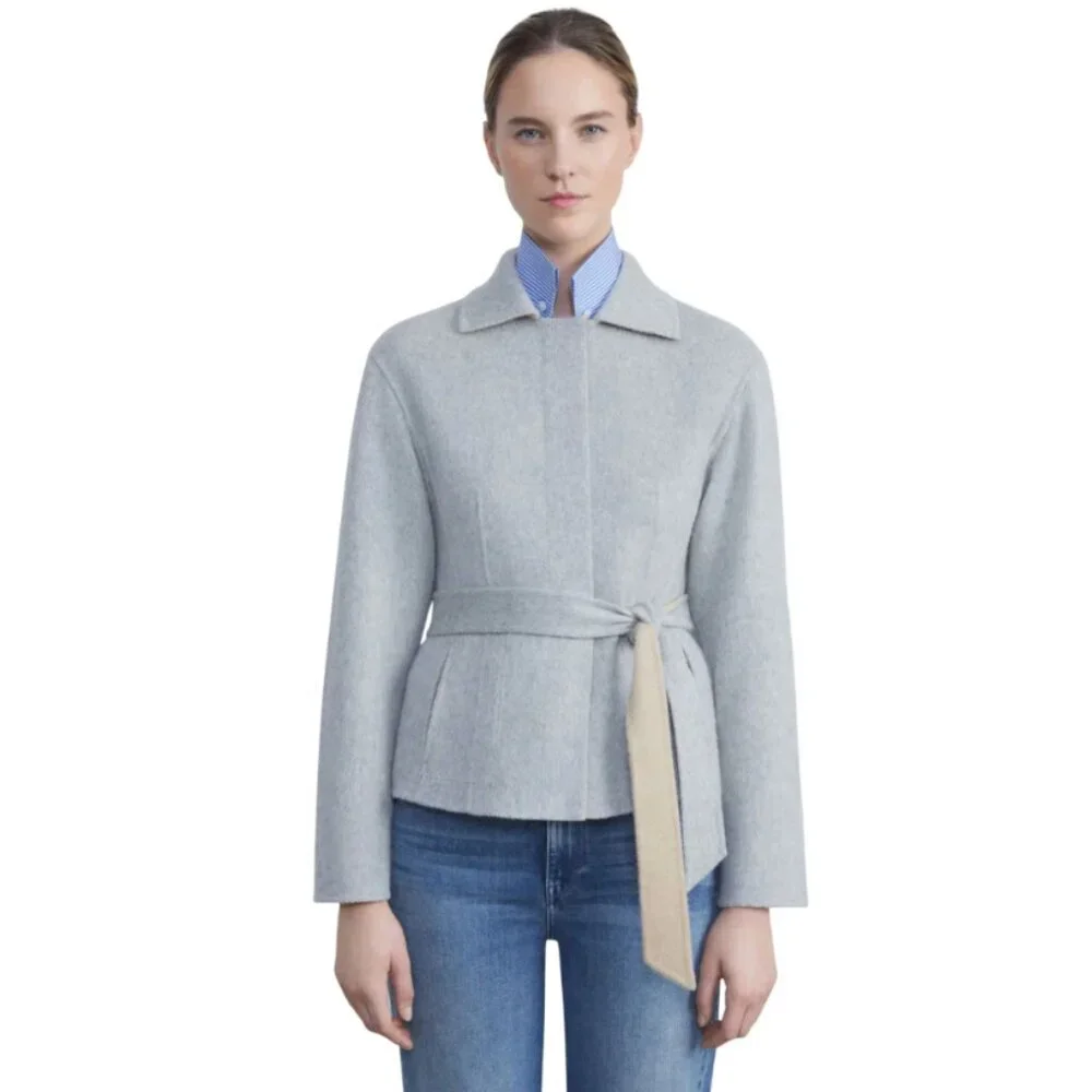 Lafayette 148 Wool Cashmere Reversible Jacket Womens Large Gray Tan Belted Coat